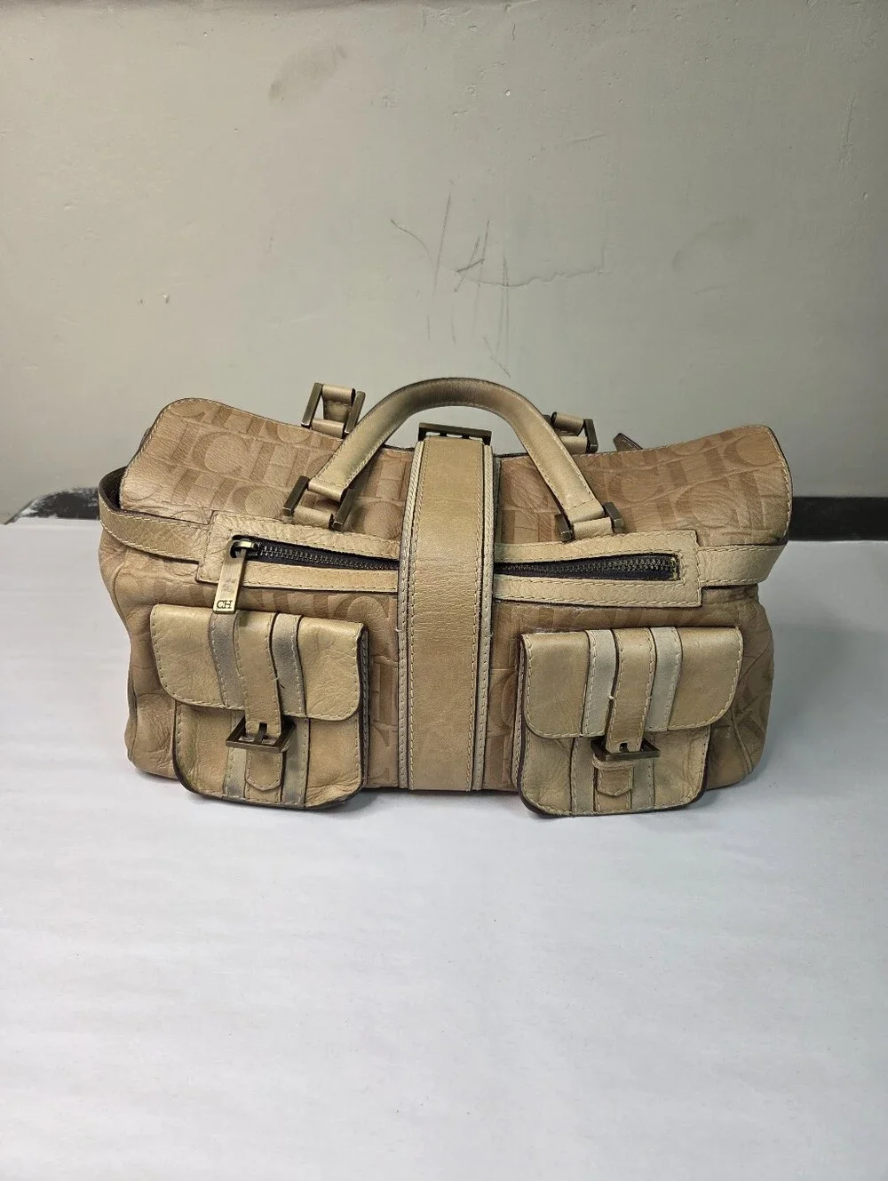 Carolina Herrera Beige Croc-Embossed Leather Satchel with Front Pockets